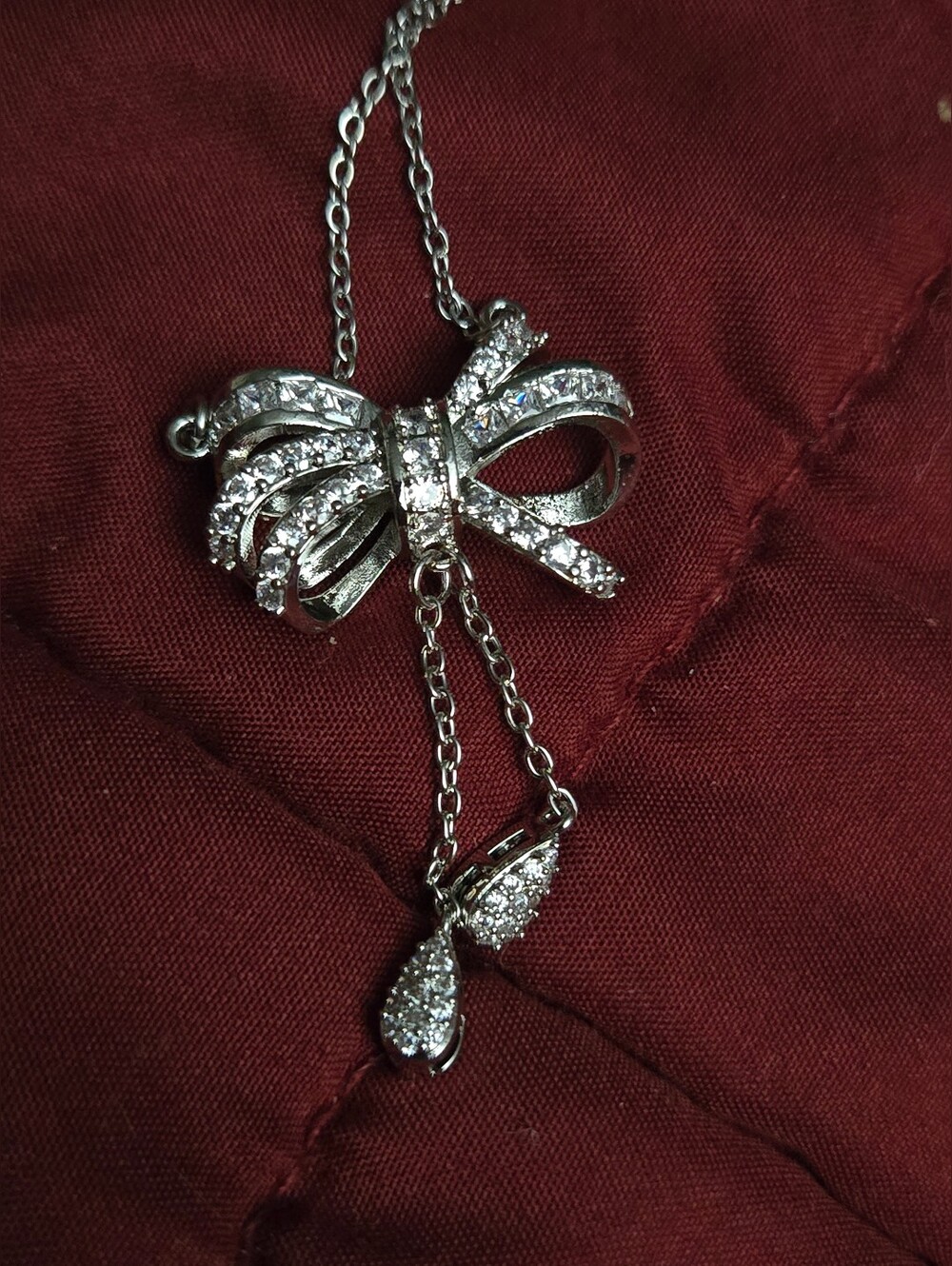 Silver Bow Pendant Necklace with Crystal Drops - Elegant Women’s Jewelry